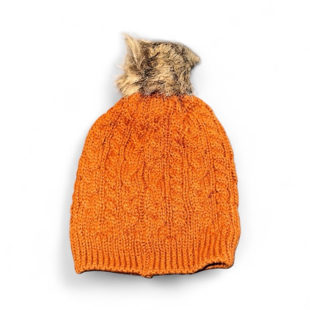 Honey Bean rust brown Orange Knit Beanie with Faux Fur Pom for baby
